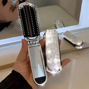 1pc Shiny Silver Color Foldable Comb with Rhinestones, Portable Design with Mirror, Stylish Pocket Comb for Men and Women, Hair Styling Combs