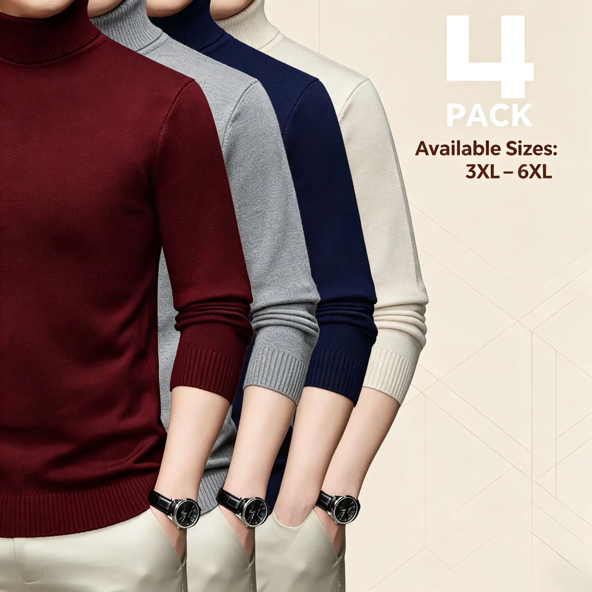 4 Pack Men’s Big & Tall Turtleneck Knit Sweaters 3XL 4XL 5XL 6XL, Soft Stretch Long Sleeve Pullover Tops, Warm Basic Layering Knitted Jumper Set for Fall Winter Daily Business Wear