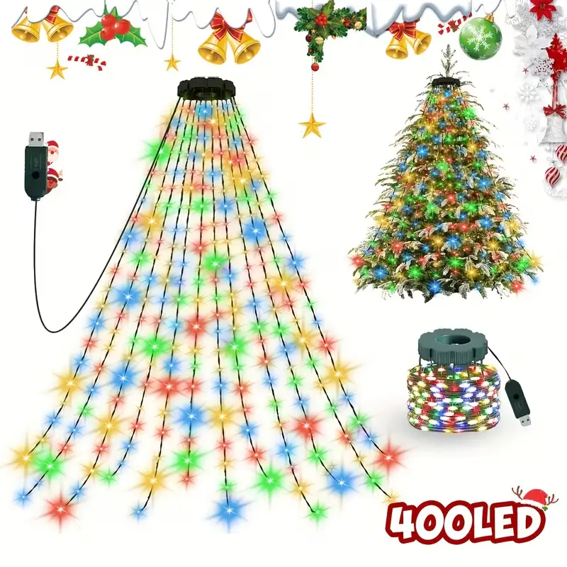 400/280 LED Christmas Indoor Fairy Lights, 78.74 in USB-Powered Waterfall Tree Lights, High-Brightness Beads, 8 Modes, Ornaments for Home Decor, Garden, Terrace