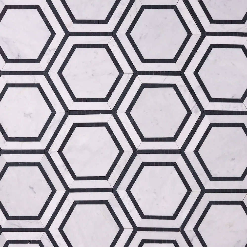 Luna Bianco 8x9 Milano Hexagon w/Black Marble Mosaic
