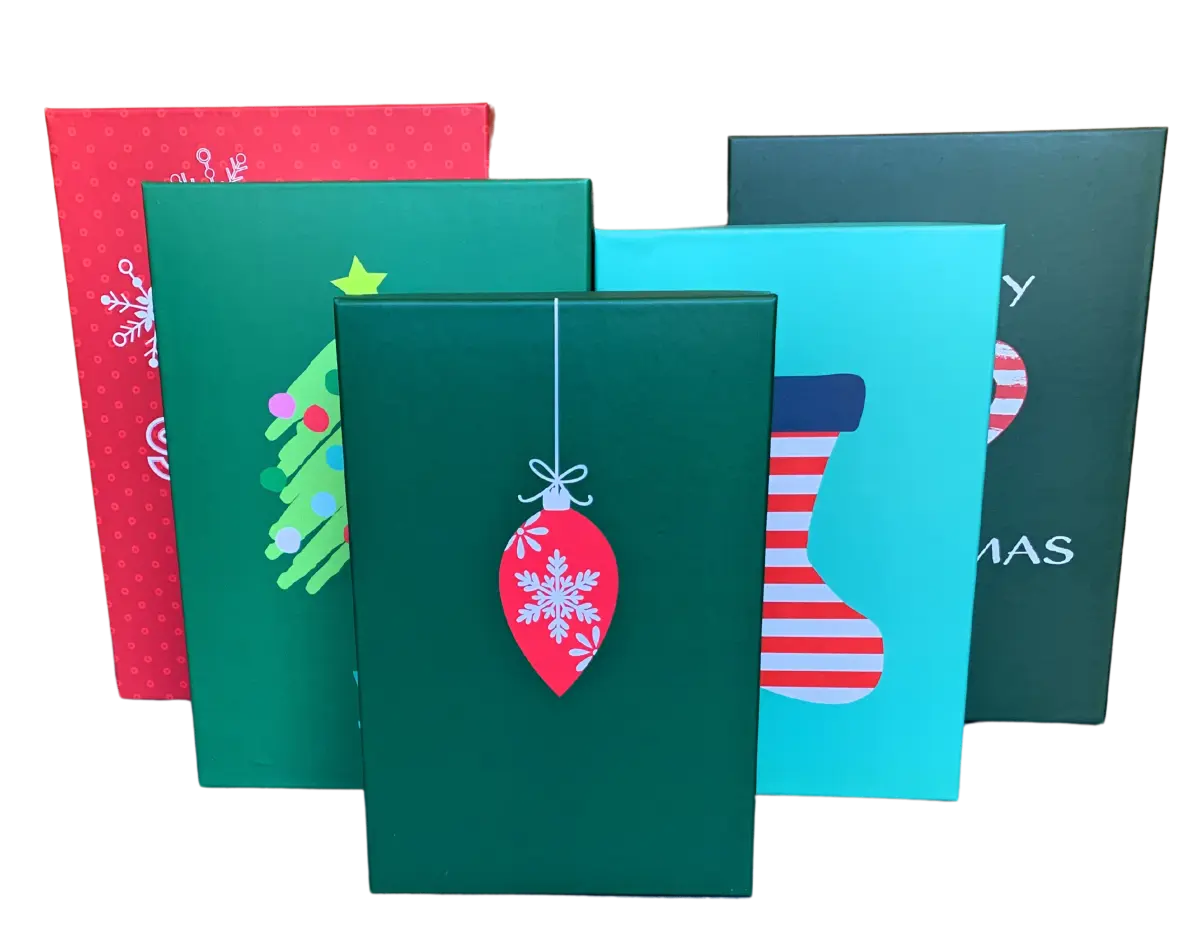 The Seasonal Shop Set of 5 Nested Stackable Christmas Gift Boxes - Vintage-Style Cardboard Boxes for Wrapping Presents or Decorating