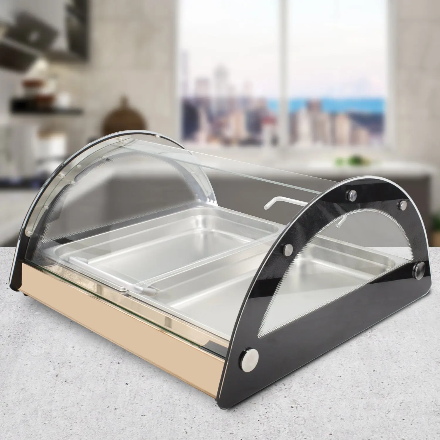 HAKKA FOOD PROCESSING Rose Gold Commercial Countertop Glass Bakery Display Case - Stainless Steel Baking Supplies for Pastries, Muffins