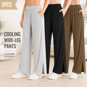 Women’s Casual Wide-Leg Pants with Slits, 3-Pack — Soft and Comfortable Loungewear Pants with Pockets for Everyday Wear