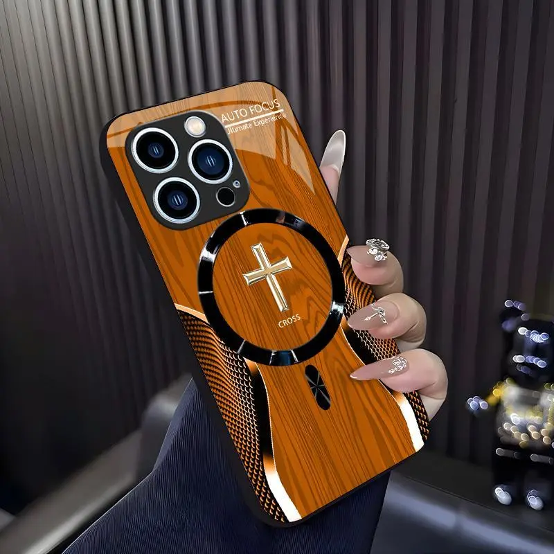 Luxury Wood Grain MagSafe Phone Case - Carbon Fiber Texture, Golden Cross Emblem, Protection Cover for iPhone 14 Pro Cellphone Devices, Handheld Electronics Accessory 952