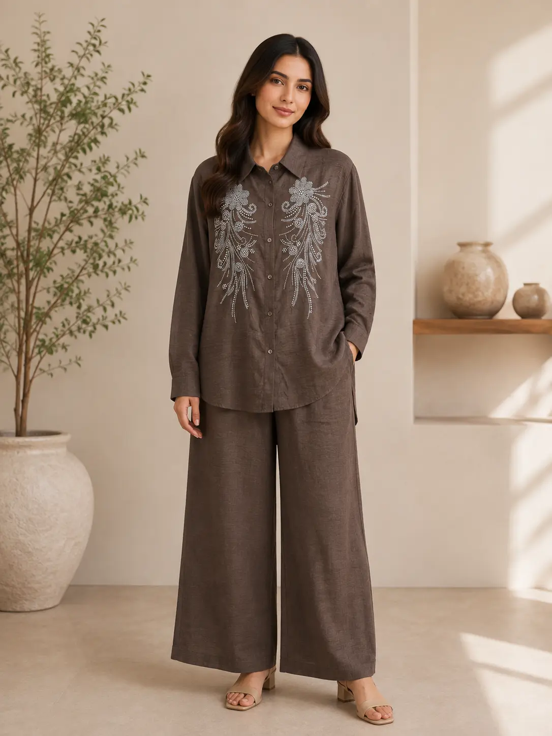 Women Shirt Loose  Flowers Embroidery Short Front Long Back With Pants