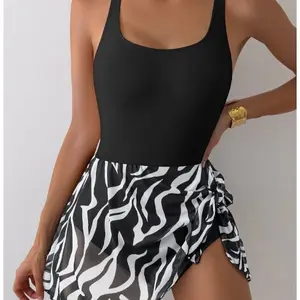 One-Piece Swimsuit with Sarong Skirt - Black & White Zebra Print Design for Women