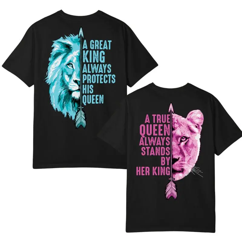 Couples Matching T-Shirt, Retro King & Queen Printed Graphic, Soft 100% Cotton Crew Neck Top for Adults, Couple Gifts, Round Neck, Tshirt, Casual