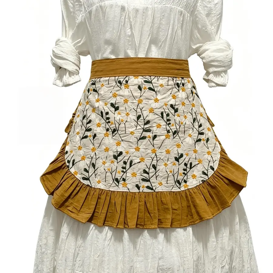 Women's Vintage Daisy Ruffled Waist Half Apron - Soft Stain-Resistant Fabric Blocks Oil & Dust, Ideal for Cooking, Gardening, Great Holiday Gift for Birthdays, Christmas, Default, Women/Teens, Polyester