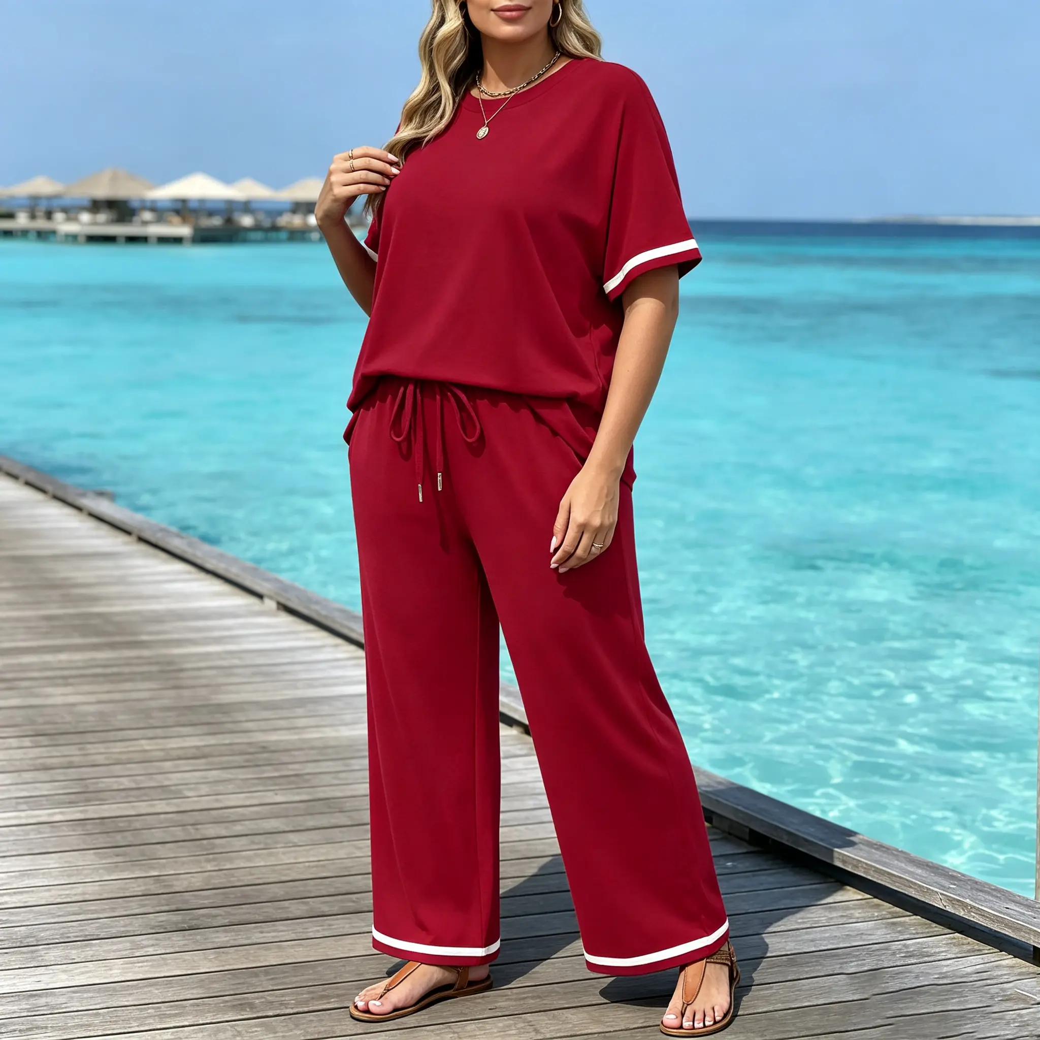 NEW Women's 2-Piece Summer Lounge Set, Long Sleeve Top & Wide Leg Pants, Casual Matching Outfit, Pajama Set, Two Piece Set