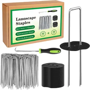 Landscape Staples Set,6 Inch 11 Gauge 50 count Galvanized Garden Stakes + 50 count Gaskets + 1Pick Hook,U-Shaped Tent Stakes Landscaping Fabric SOD Pins for Weed Fabric Barrier,Groud Cover,Fence