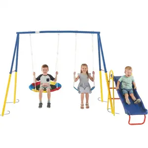 Swing Set for Backyard with Stand Heavy Duty 440lbs Metal Outdoor Swing Stand 32" Saucer 26.2" Belt Seat 53in Slide Blue Double Swings Ultra-safe Sturdy Frame Easy Install Gift for Kids
