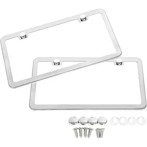 2 Stainless Steel Polish Mirror License Plate Frame + Chrome Screw Caps (Silver)