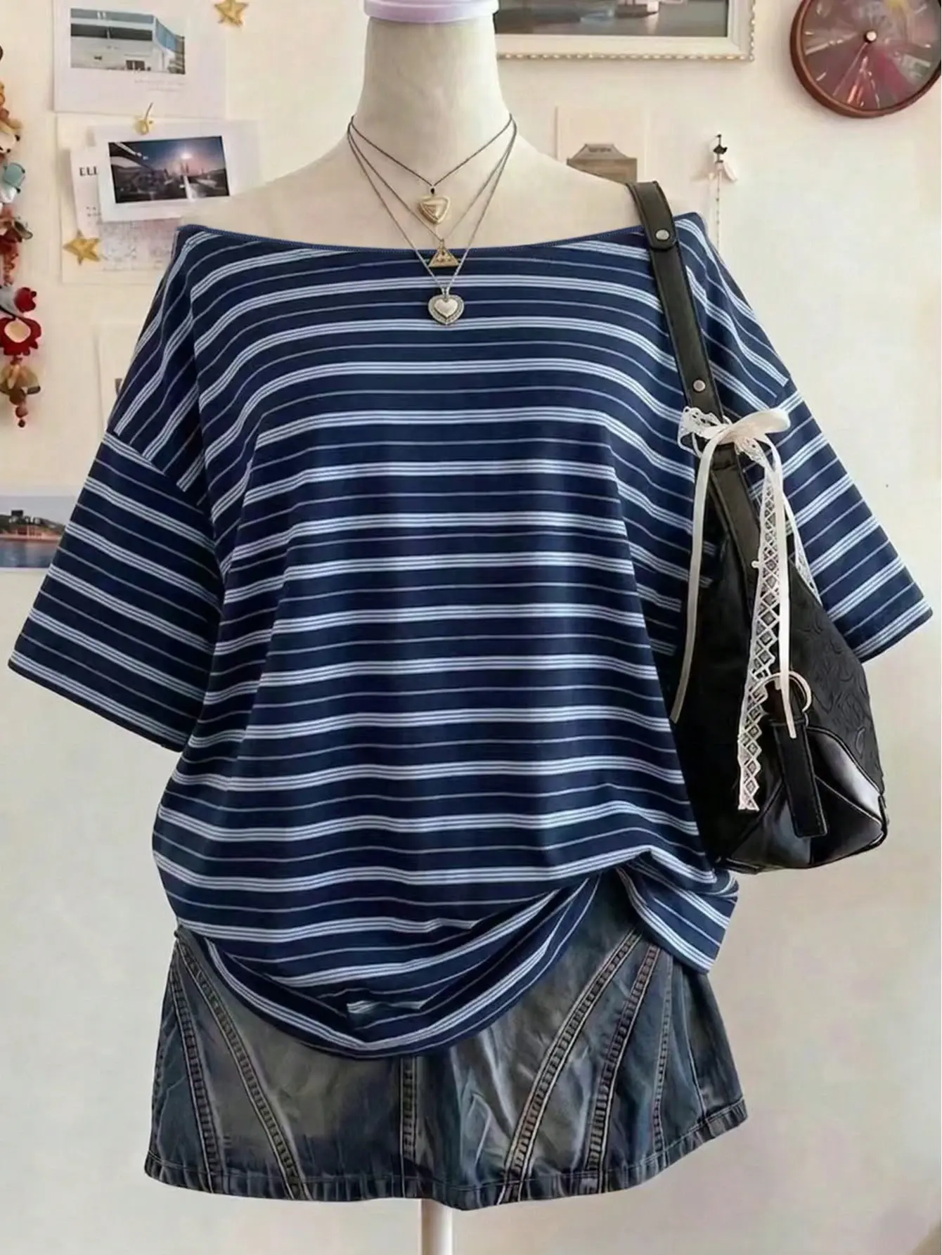 [Back to School] ROYAL Women's Boat Neck Dropped Shoulder Short Sleeve Striped Casual Loose Summer T-Shirt Knit Top Comfy Everyday Wear