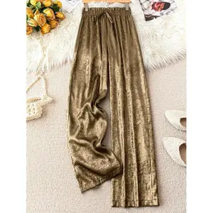 1 pc women’s gold straight-leg pants — elegant trousers for New Year holiday parties; autumn fabric for women; fitted womenswear bottoms; basic casual