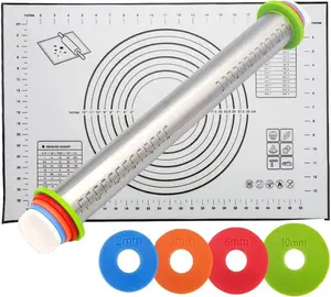 Rolling Pin and Baking Pastry Mat Set,Stainless Steel Dough Roller,Rolling Pins with Adjustable Thickness Rings,for Baking Fondant,Pizza,Pie,Pastry,Pasta,Dough