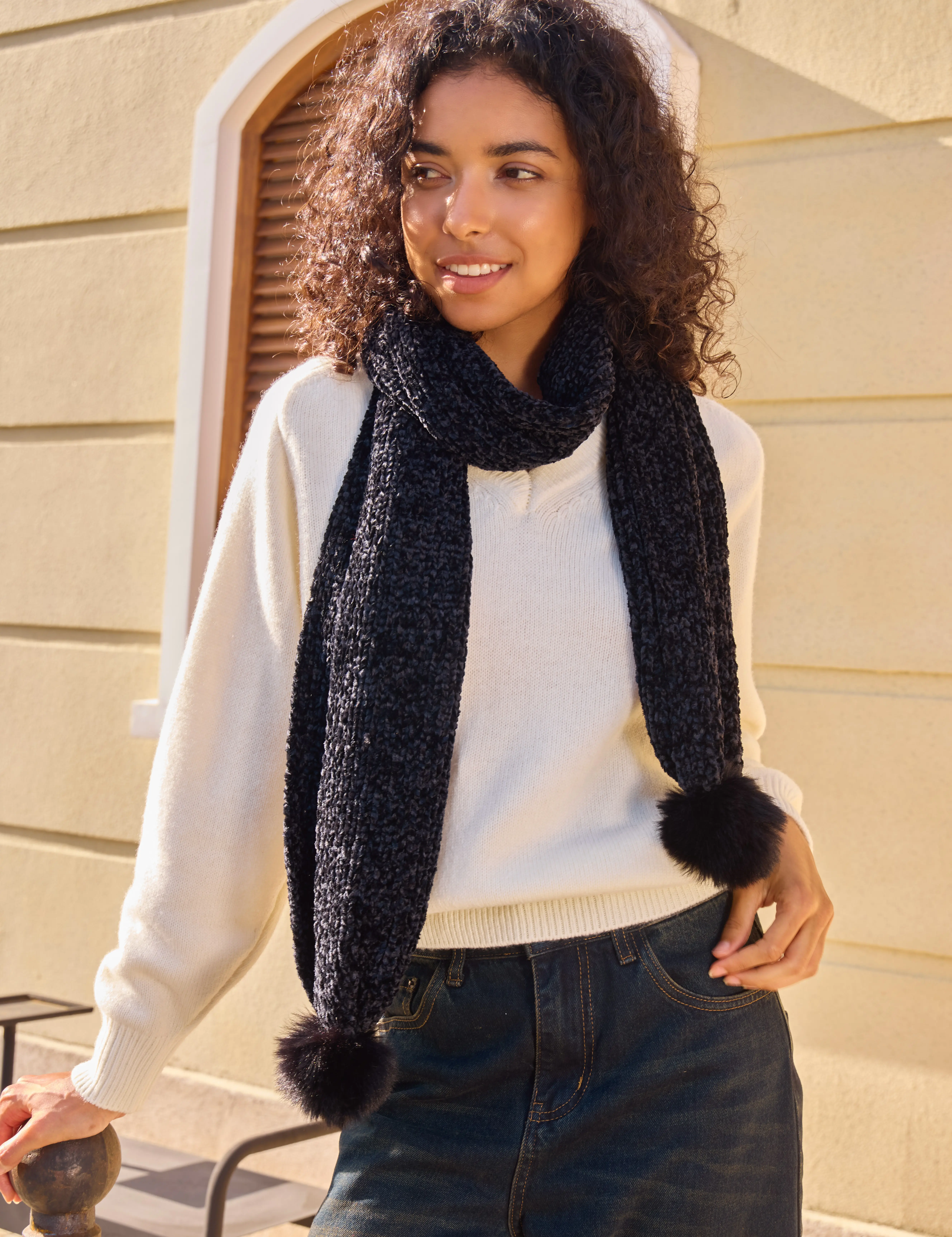 LyzerMia Women's Soft Chenille Scarf with Pom Poms, Plush Winter Knit for Superior Warmth, 190x30cm, in Gift Box