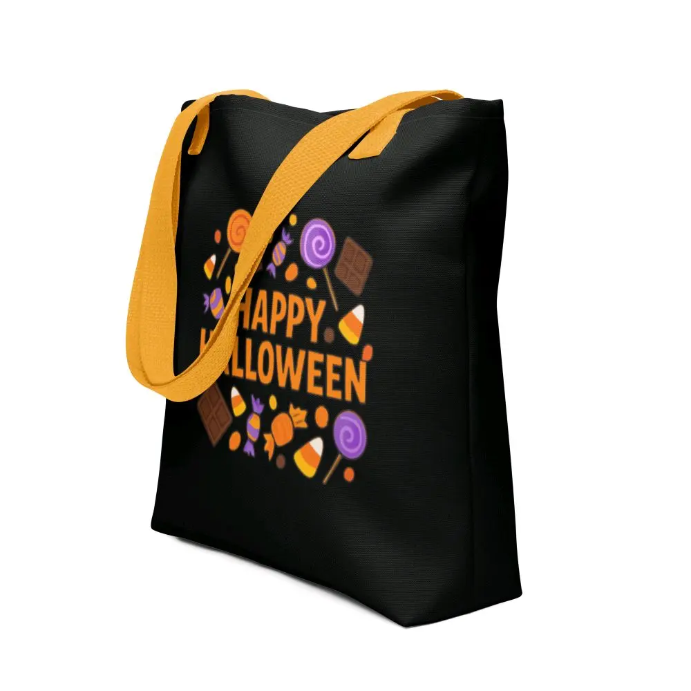 Happy Halloween Candy Tote Bag - Black with Yellow Handles & Colorful Candy Design for Festive Occasions
