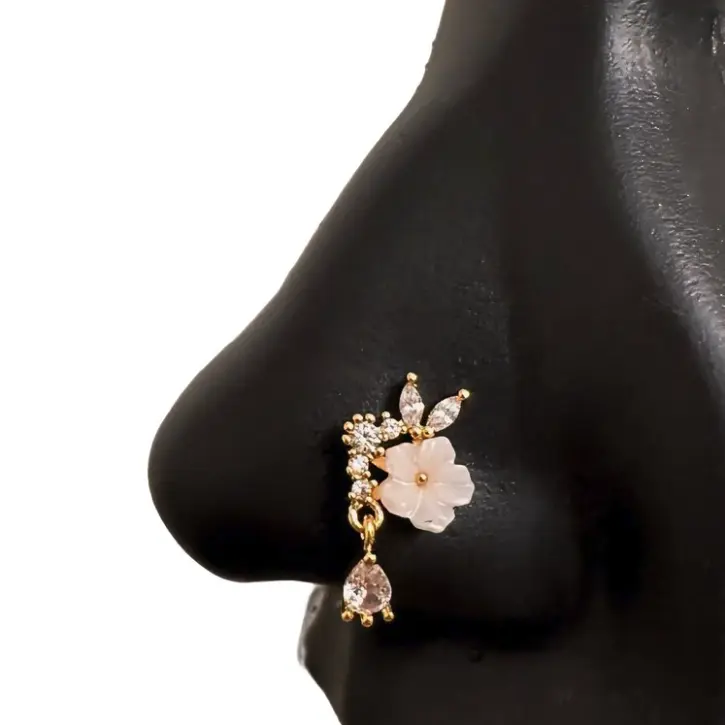 Statement Gold Dangling Diamond Flower Nose Stud, Nose Rings for women, L-shape New NoseRing, Nostril Piercing, Hypoallergenic Nose Jewelry, 20 gauge Nose Rings, BodyPiercingJewelry