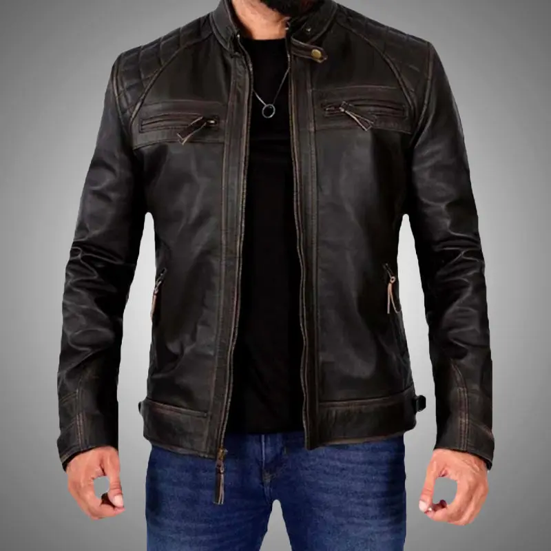 Cuir Jackets Hawkridge Quilted Brown Biker Jacket - Premium Lambskin Leather, Long Sleeve, Zipper Closure, 4 Exterior & 2 Interior Pockets, Medium Size