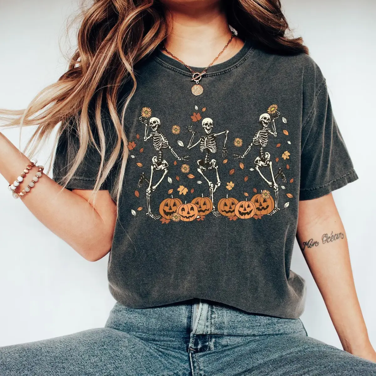 Comfort Colors Dancing Skeleton Halloween T-Shirt - Three Skeletons Dancing With Sunflowers, Jack O Lantern Pumpkins And Falling Autumn Leaves Graphic , Spooky Season Outfit For Women , Skeleton Flower Shirt , Gift For Halloween