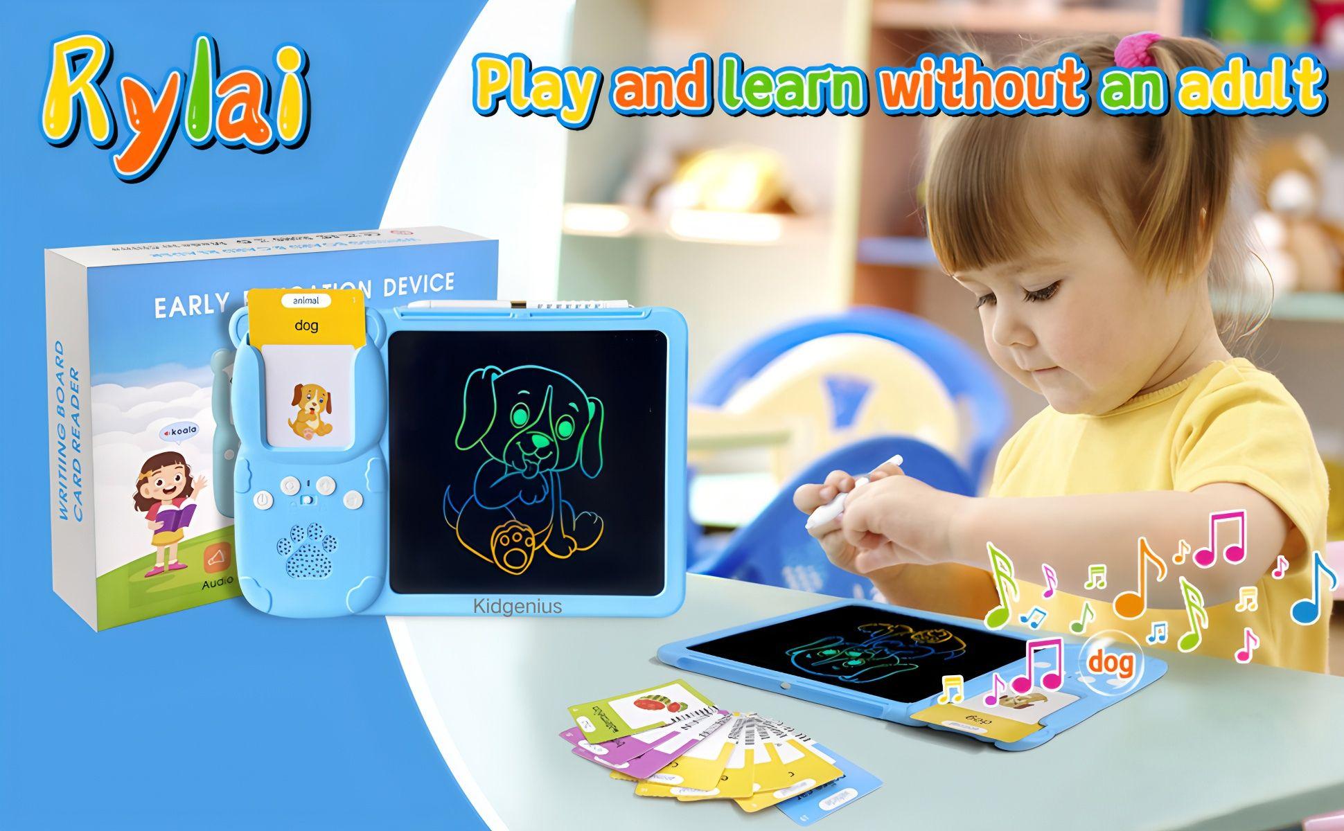 KIDGENIUS Bilingual Flashcards for Toddlers Spanish and English Learning Tool with Colorful Drawings Erasable Screen Quick Erase Button Portable LCD Tablet for Kids Early Education Back to School Gift  Artificial