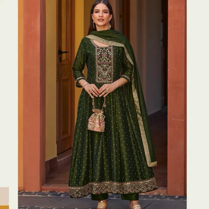 Elegant Olive Green 3pcs Anarkali Suit with Intricate Embroidery and Matching Dupatta  Pants for Festive Occasions