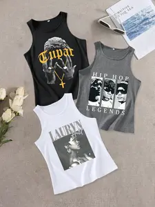 Hiphop Theme Casual Print Round Neck Vest Set, Comfortable Daily Wear, Women's Fashion Loose Fit Tank Tops, Perfect for Spring & Summer