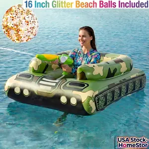 60-Inch X-Large Inflatable Water Tank Pool Float For Adults, Blow-Up Ride-On With Spray Guns And 16'' Beach Ball, Swimming Pool Floaty For Outdoor Lake River, Friends Family Battle Floating Rafts Party Toys, Summer Beach Water Fun Games Floaties