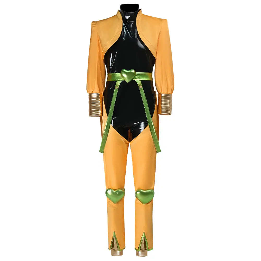 Dio Brando Yellow PU Leather Jacket Cosplay Costume Set with Bodysuit Pants Belt Leg Rings for Comic Con