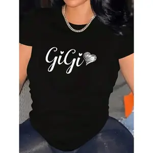1pc Women' S Gigi Heart Print Black TShirt, Crew Neck, Casual Cotton Tee Medium Stretch Knit Fabric, Regular Fit For Female Ladies For Spring/ Summer/ Fall Valentine' S Day, Memorial Day, 4th Of July, Labor Day zsg08