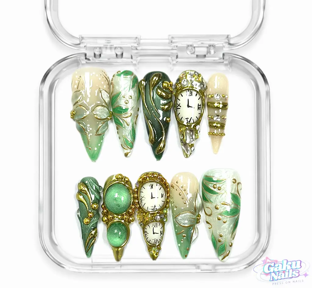 GakuNails Antique Muse Design, Stiletto Press-On Nails, Handmade Reusable Gel Nail Kit with Cateye & Rhinestone Accents, Elegant 10-Piece Set in Box, Size S/M, Feminine
