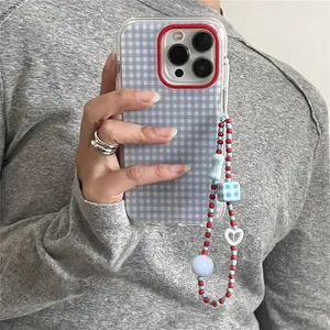 Crystal Clear Light Ind Fresh Blue Grid Protective Phone Case Cover with Chain Strap for Apple iPhone 11 12 13 14 15 16 17 Pro Max Accessories