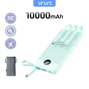 VRURC 10000mAh Power Bank with 4 Built-in Cables USB-C USB-A Type-C LED Display Fast Charging Protection Multi-Device Battery Pack for iPhone Samsung Android Tablet iPad Earbuds Smartphone Black Green Compact Portable