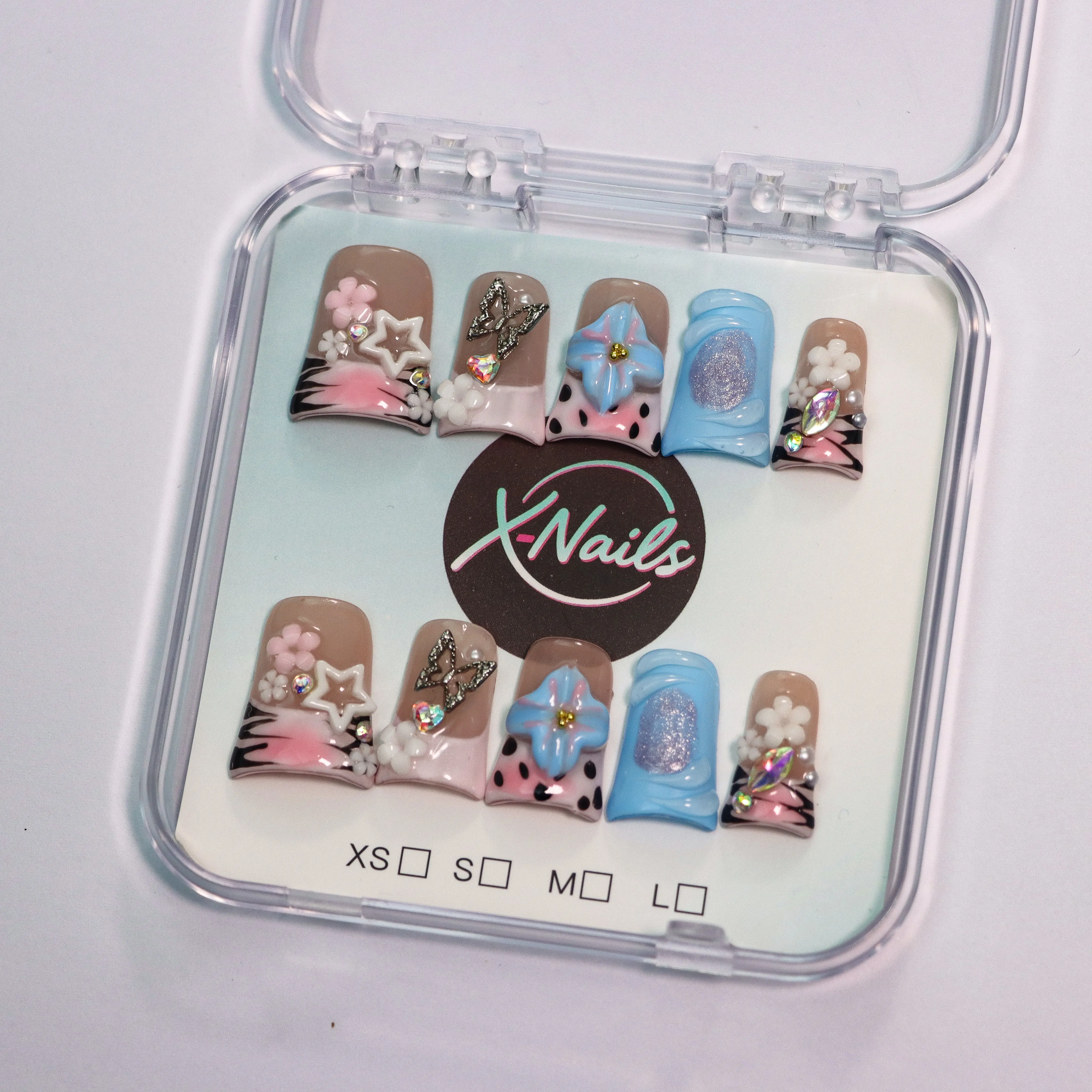xnails Handmade Press On Nail Sets, 10 PCS Reusable Multi-Pack Kit with Glossy Finish for Easy Nail Art, 3-4 Sizes, Nail Designs Ideas, Manicure At Home