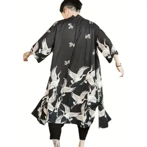New Summer Style Crane Print Chinese-style Long Kimono Cardigan Cape Coat Men'S Thin Jacket Pajamas For Men And Women, Couple Pajamas, Bathrobes