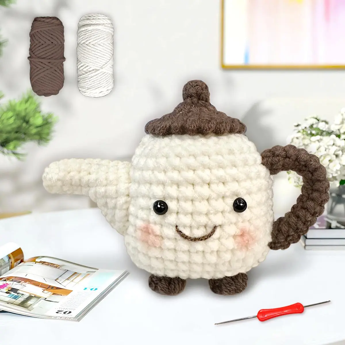 1pc Cute Round Teapot Crochet Kit with Crochet Hook, Complete Craft Set, Includes Instructions and Detailed Video Tutorial