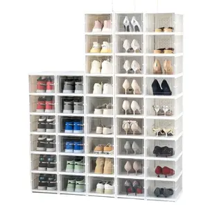 Clear Door Drop Front Shoe Storage Bin 6-Tier, Plastic Stackable Shoe Rack Cabinet for Closet and Entryway Organization