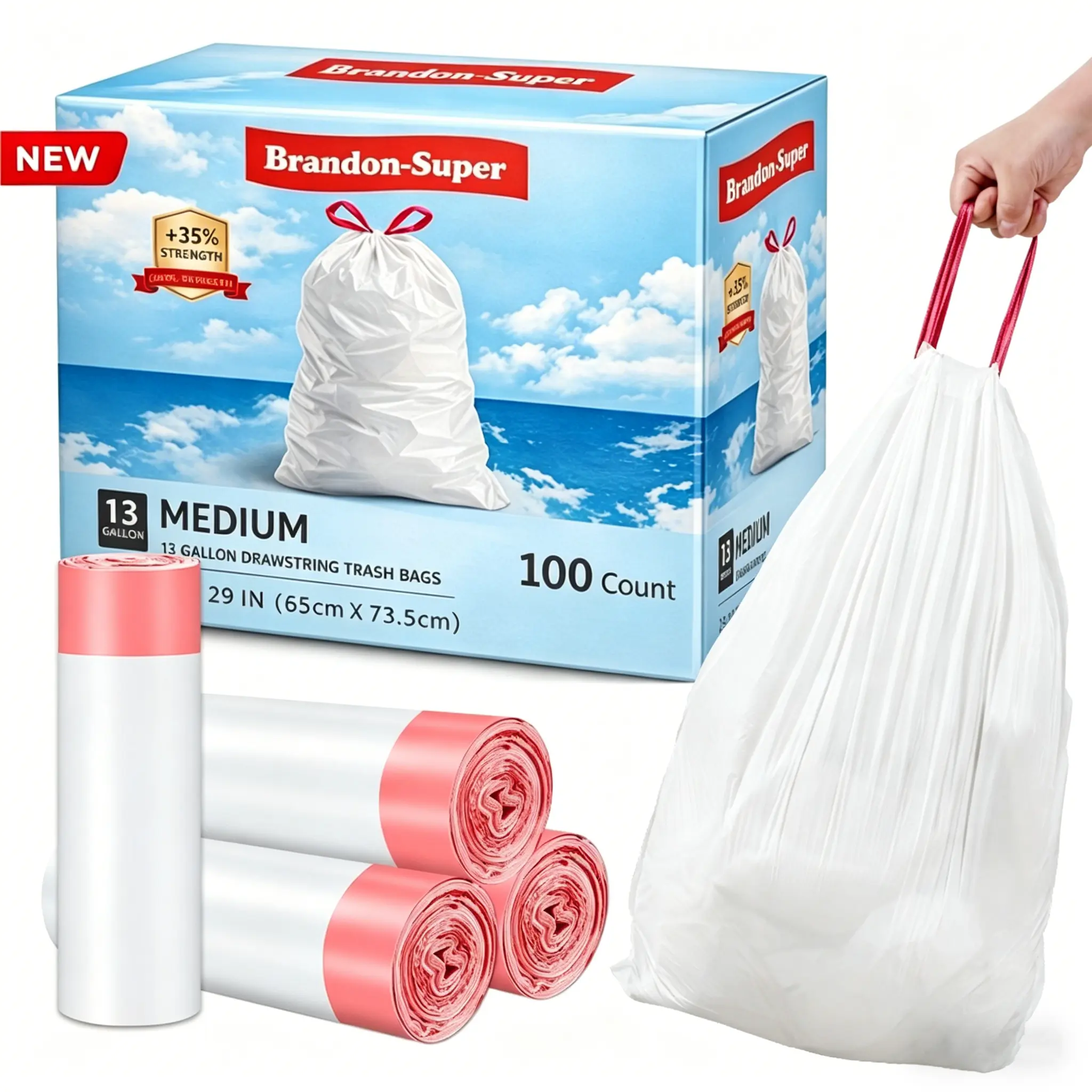 13 Gallon Drawstring Trash Bags 100 Count Thickened, Stretchable, Leakproof Kitchen & Office Garbage Bags
