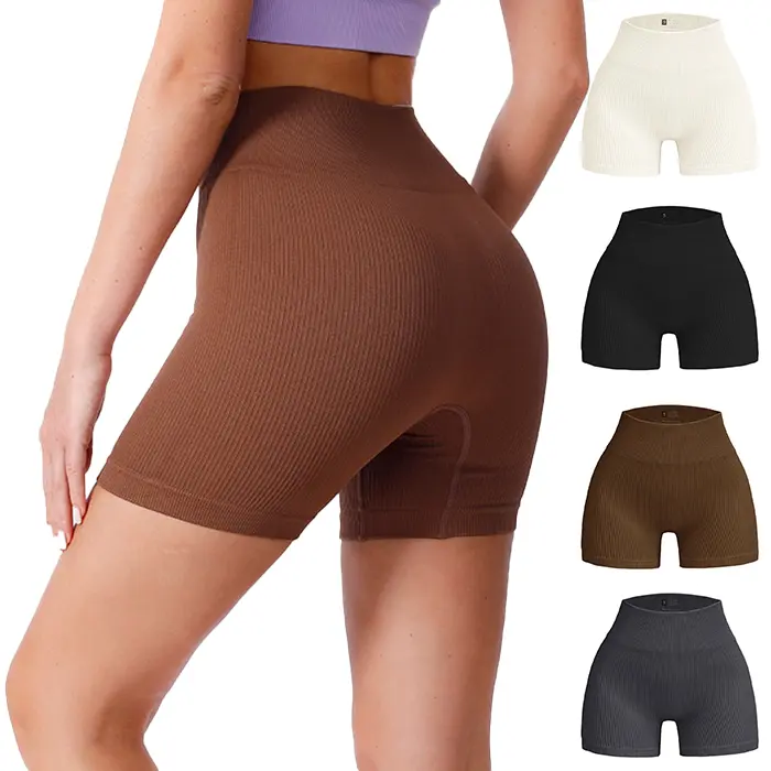 Women's Ribbed Seamless High-Waist Butt Lift Quick-Dry Nylon Blend Yoga Shorts, Female Machine-Washable Bottoms for Yoga Gym Cycling, Cycling Biker, Machine Wash