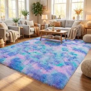 XEXSIN Blue Purple Rainbow Rugs for Bedroom Girls Room Decor, Fluffy Cute Area Rugs for Kids Room Playroom Nursery Dorm, Mermaid Stitch Frozen Fuzzy Carpet, Plush Kawaii Furry Baby Toddler Rug