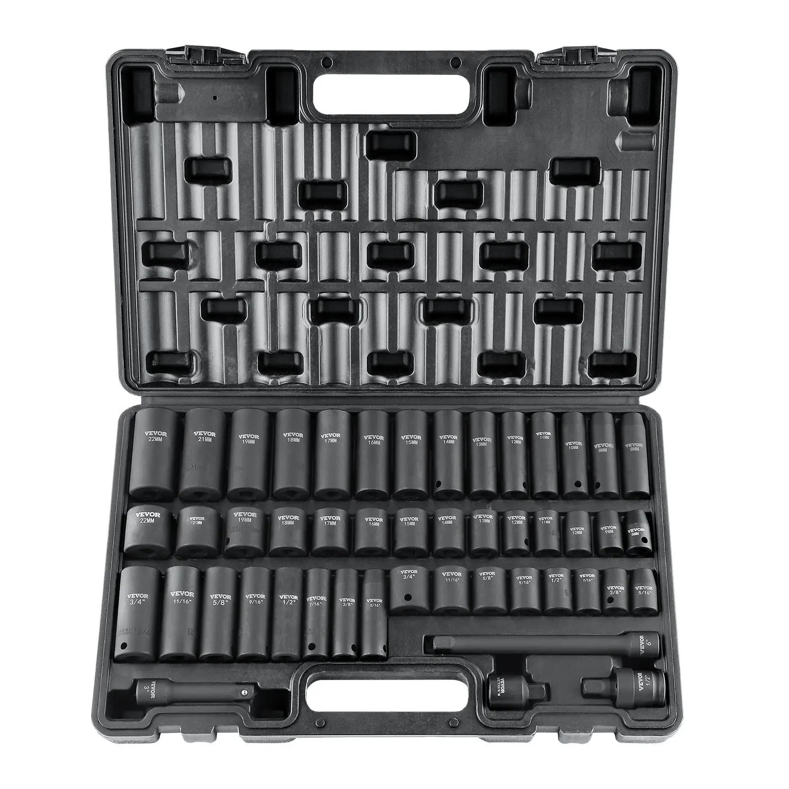 【Summerfinds】VEVOR Drive Impact Sockets Set,CR-V Tool Kits with SAE (5/16"-3/4") & Metric (8-22mm) 6-Point Sockets, Drive Extension Bar, Universal Joint, Power Drill Adapter & Storage Case for Mechanic, Automotive Tools, Tool Box, Work Tools