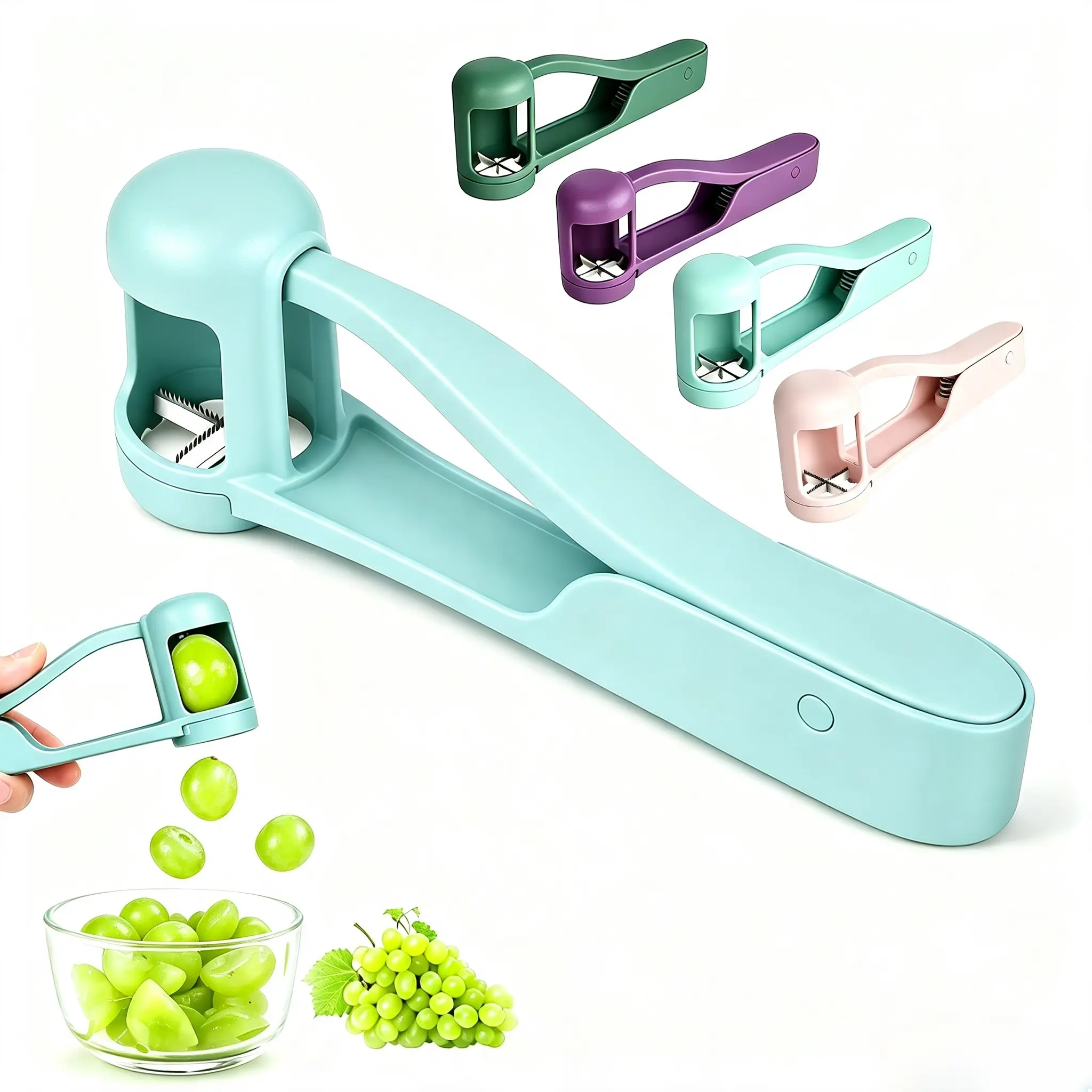 Reusable Single-Hand Portable BPA-Free Fruit Slicer - 304 Serrated Stainless Steel Multi-Food Cutter, Travel-Use Kitchen Utensil for Toddler Snack Prep with Strawberries, Grapes