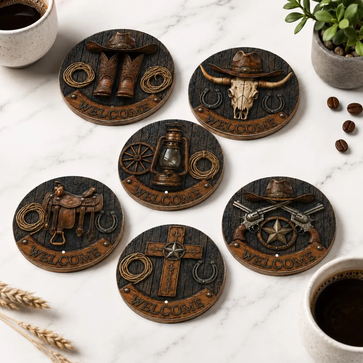 Trending Cowboycore Wood Coaster Set 6 Pack – Drink Coasters, Coasters For Drinks, Vintage Western Hat Boots Print Non-Slip Heat Resistant Round Drink Mats for Home Coffee Bar – Rustic Reclaimed Wood Accent – Farmhouse Country Decor Gift