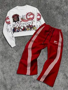 Men's Angel Print Cropped Hoodie & Jogger Pants Set, Casual Street Style, Fall Winter Fashion, Fitted Design, Trendy and Versatile, Knit