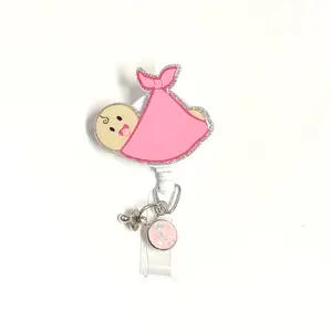 Baby In Blanket Badge Reel Pink Retractable Swivel Alligator Clip for OBGYN Nurse Cute Design Easy Access Identification Holder