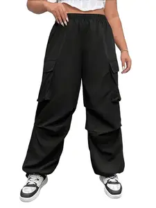 Women's Plus Size Black Flap Pocket Side Cargo Pants, Elastic Waist, All Season Trousers, Casual Womenswear, Ladies Bottoms for Daily Wear, Comfortable and Stylish Women Pants
