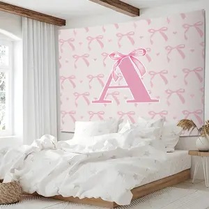 Pink Bow & Monogram "A-Z" Print Tapestry, Soft Polyester Wall Hanging Tapestries, Coquette Aesthetic Tapestrys for Bedroom & Dorm, Girly Wall Art Backdrop for Teen Girls, Perfect for Room Decoration & Gift Giving