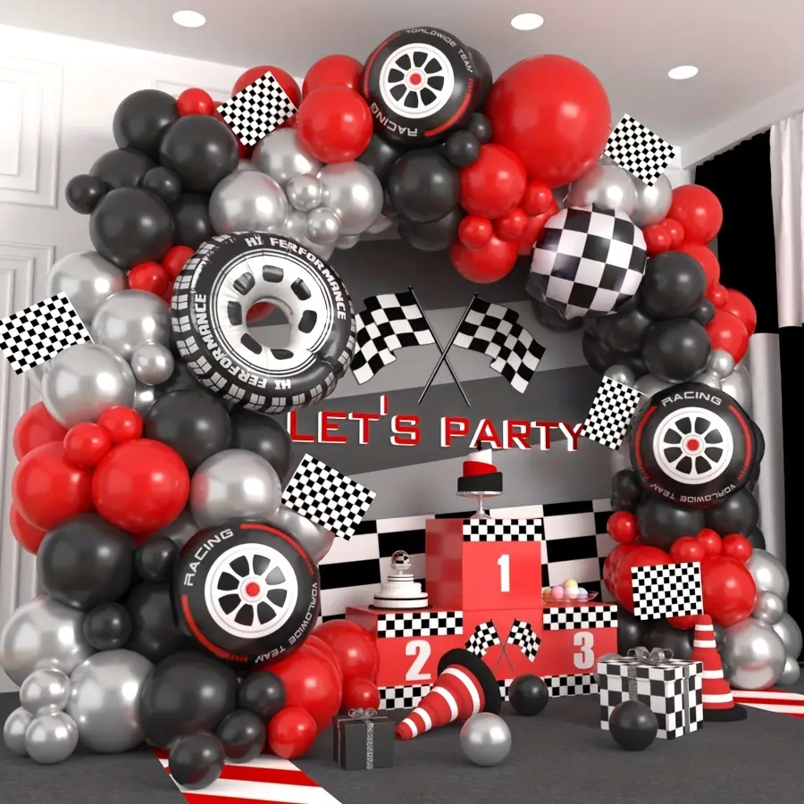 113pcs Racing Theme Balloon Garland Arch Set. Balloons with Tires, Wheels, Black And White Checkered Foil. Perfect for Adult Racing Themed Balloon Party Decoration, Sports Racing Themed Event Decoration, Track Decoration, Family Race Party