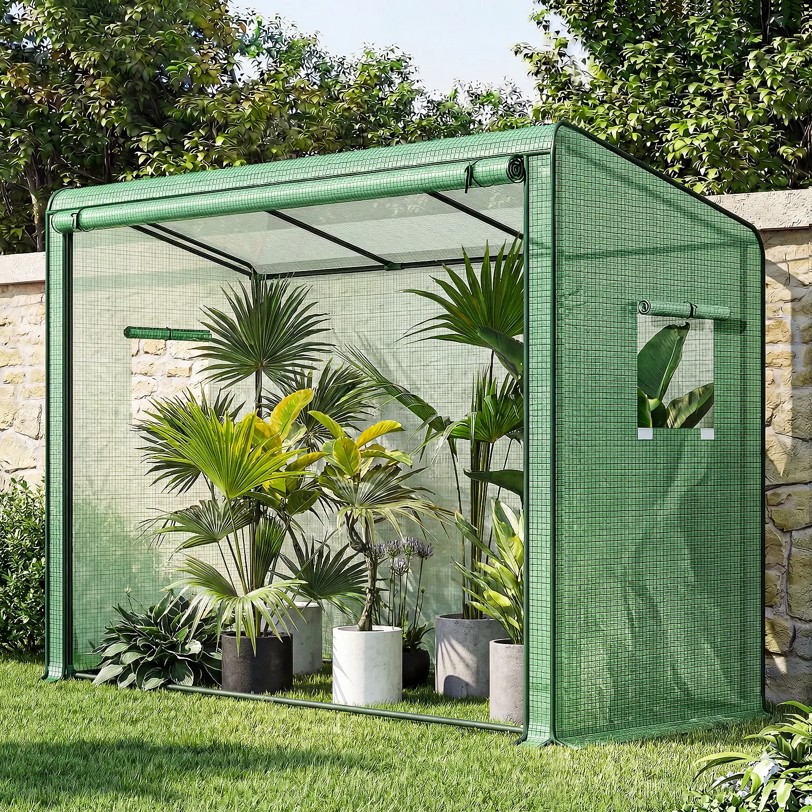 Bamworld Compact Lean-to Metal Steel Outdoor Garden Greenhouse (79x31x59 inches), Portable Walk-in Plastic Shed with PE Cover, Zipper Roll-Up Door, 4 Large-Capacity Shelves, Superior Light Transmission & Adjustable Temperature for Backyard Plant Care, Com