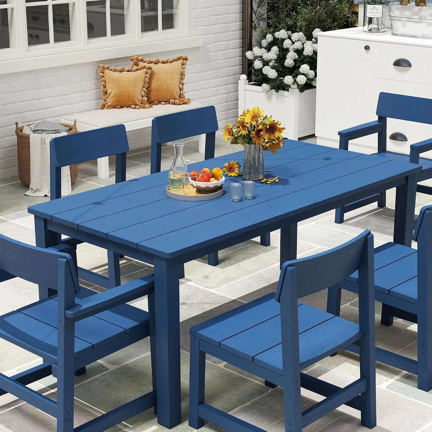 Jocoevol 71" Outdoor Dining Table for 6 HIPS All-Weather Rectangular Patio Table with Umbrella Hole Patio Furniture for Outside Backyard/Garden/Pool/Porch/Deck 400lbs Capacity, Deep Blue